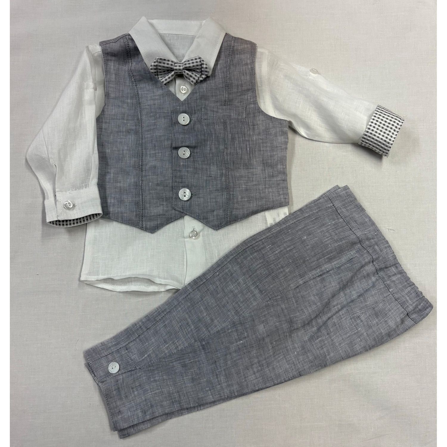 4 PC VEST SET GREY WHITE SHIRT CHECK TRIM & BTIE / GA22261