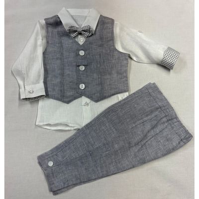 4 PC VEST SET GREY WHITE SHIRT CHECK TRIM & BTIE / GA22261
