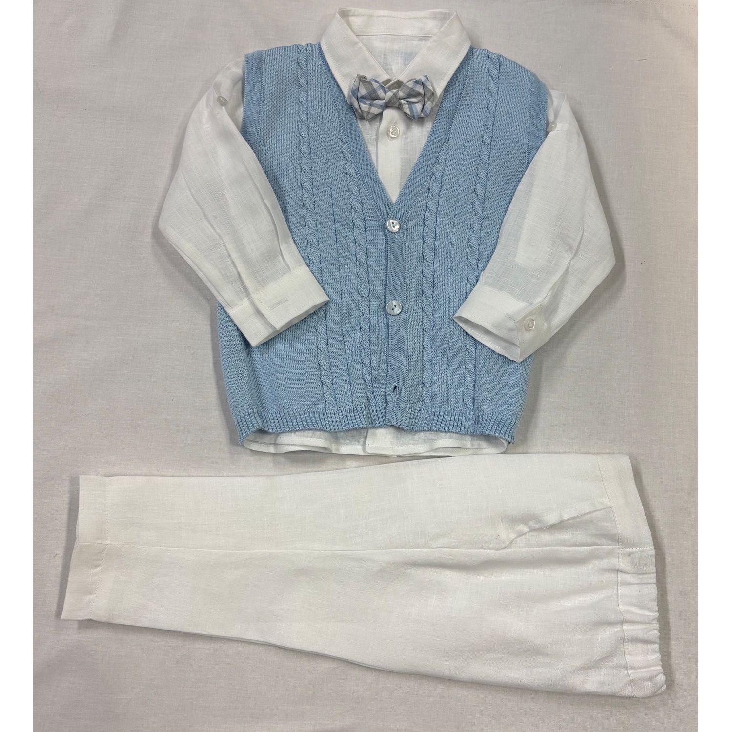 4 PC VEST SET BLUE & WHITE KNIT PLAID BOWTIE / BB52/61G