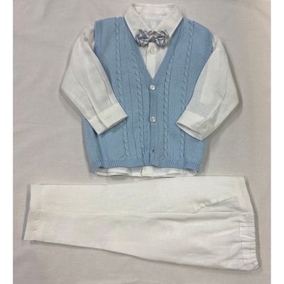 4 PC VEST SET BLUE & WHITE KNIT PLAID BOWTIE / BB52/61G
