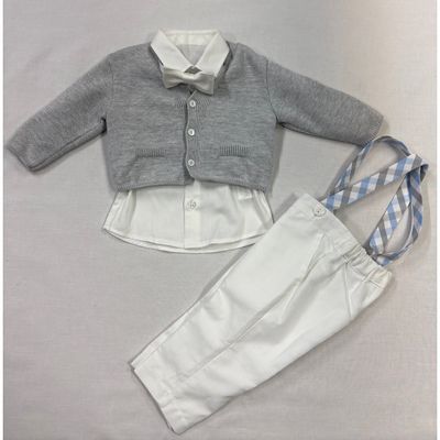 4 PC GREY CARDIGAN WHITE PANT BLUE PLAID SUSPENDERS BTIE / GA70260