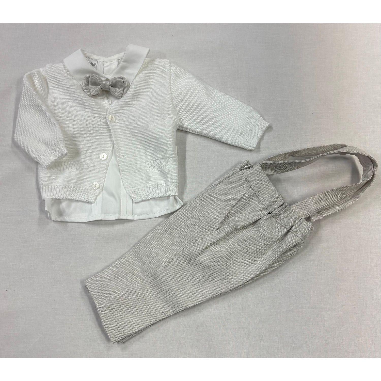 4 PC WHITE CARDIGAN GREY PANT WITH SUSPENDERS BTIE / GA70060