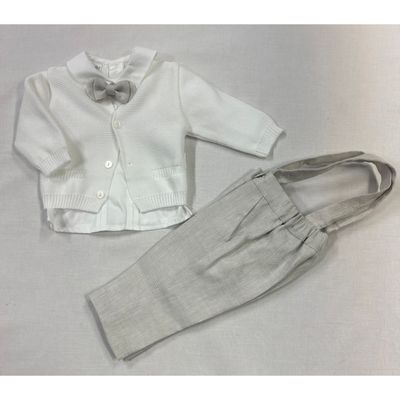 4 PC WHITE CARDIGAN GREY PANT WITH SUSPENDERS BTIE / GA70060