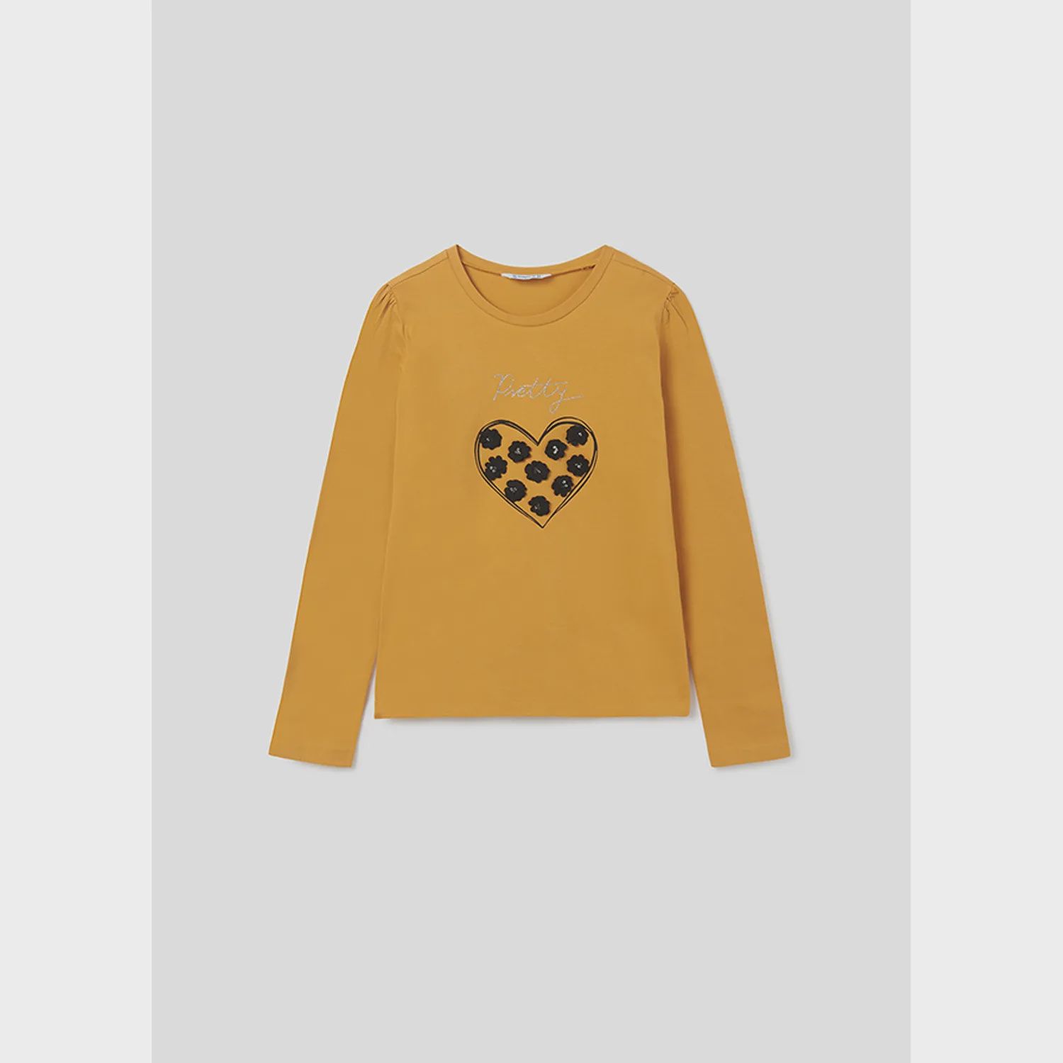 T SHIRT MUSTARD BLACK FLOWER APPLIQUE IN HEART / 7023