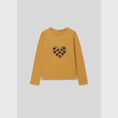 T SHIRT MUSTARD BLACK FLOWER APPLIQUE IN HEART / 7023