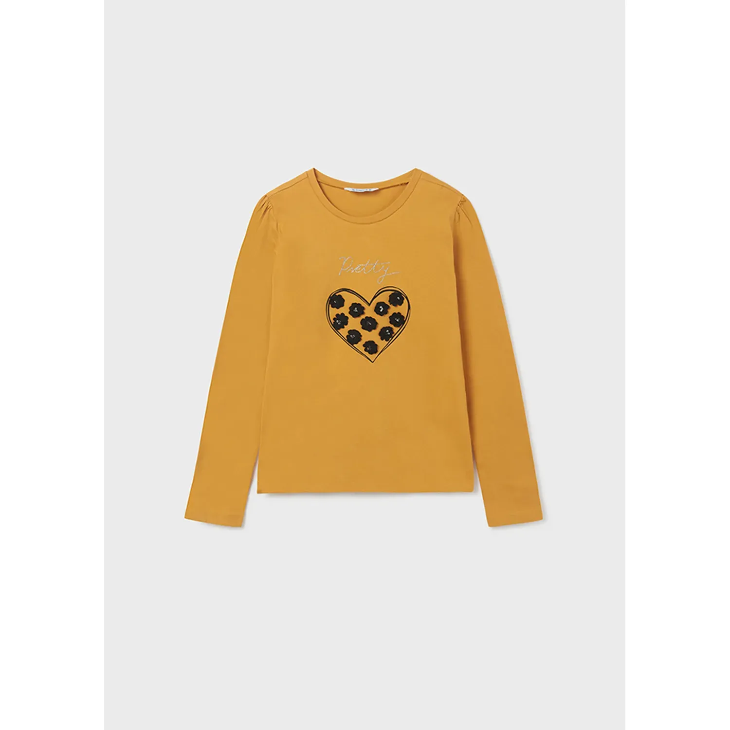 T SHIRT MUSTARD BLACK FLOWER APPLIQUE IN HEART / 7023