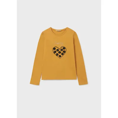 T SHIRT MUSTARD BLACK FLOWER APPLIQUE IN HEART / 7023