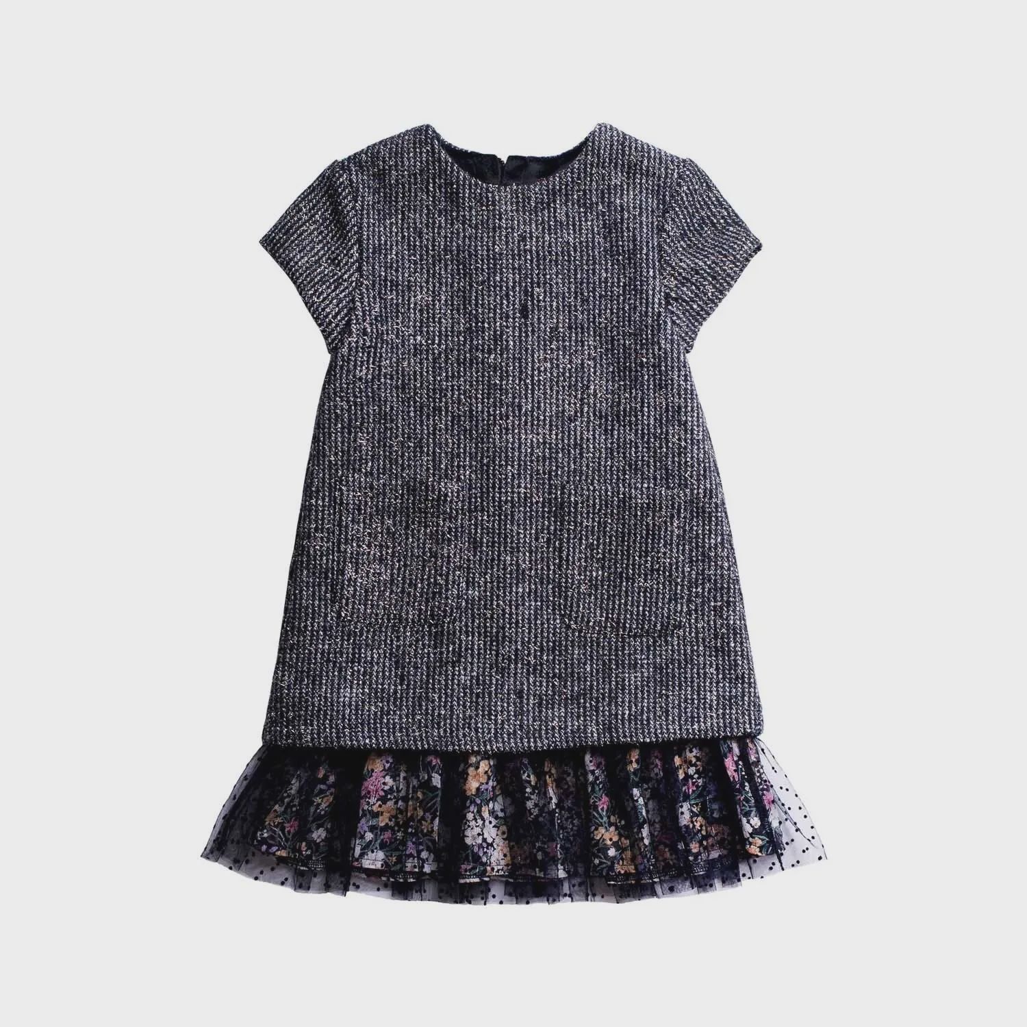 DRESS BLACK WOVEN GOLD THREAD FLORAL CHIFFON HEM / SARA