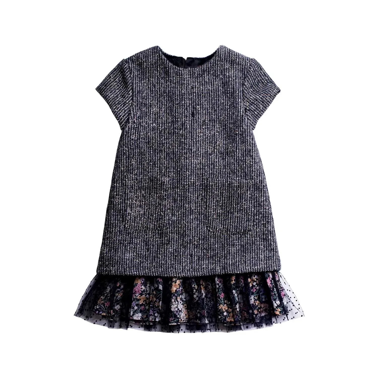 DRESS BLACK WOVEN GOLD THREAD FLORAL CHIFFON HEM / SARA