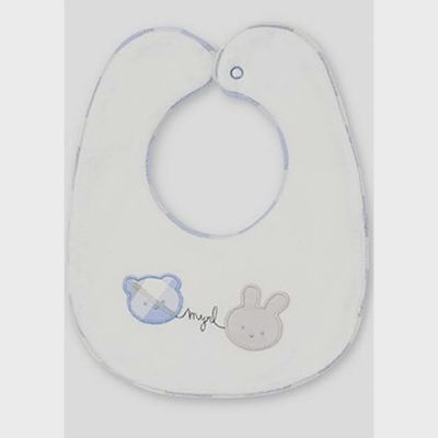 VELOUR BIB WHITE BLUE BEAR & GREY BUNNY APPLIQUE / 9147