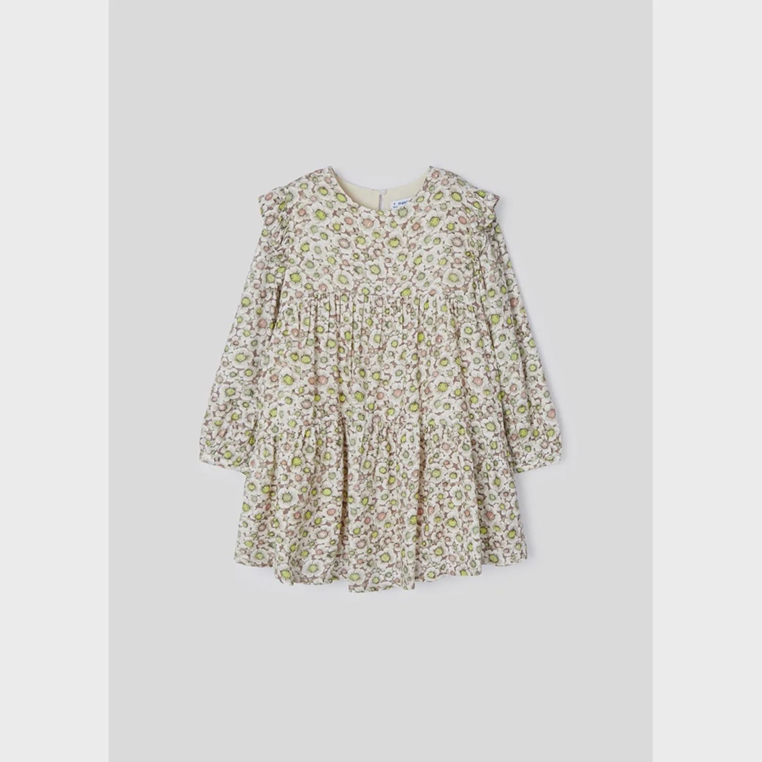 DRESS CREAM & BROWN FLORAL PRINT FLOUNCE ARM TRIM / 4966