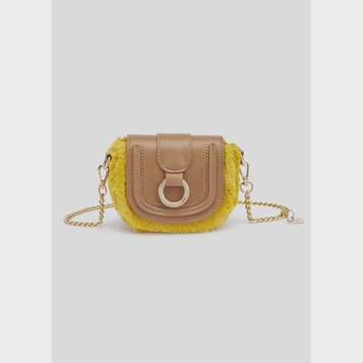 FAUX FUR PURSE YELLOW BROWN LEATHER FLAP / 5955