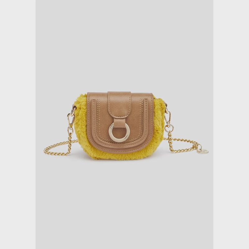 FAUX FUR PURSE YELLOW BROWN LEATHER FLAP / 5955