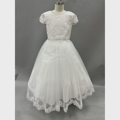 GOWN WHITE LACE BODICE CAP SLEEVE & HEM TRIM TULLE SKIRT / FG1970H