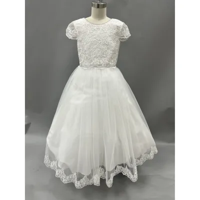 GOWN WHITE LACE BODICE CAP SLEEVE & HEM TRIM TULLE SKIRT / FG1970H GOWN WHITE LACE BODICE CAP SLEEVE & HEM TRIM TULLE SKIRT / FG1970H