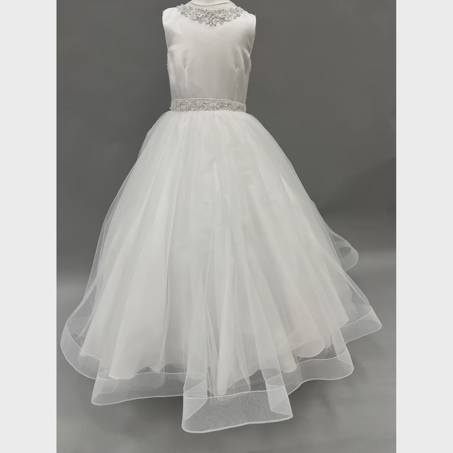 GOWN WHITE SATIN BODICE TULLE SKIRT BEADED WAISTBAND & NECKLINE / FG1906