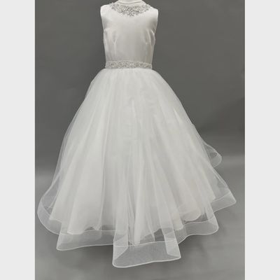GOWN WHITE SATIN BODICE TULLE SKIRT BEADED WAISTBAND & NECKLINE / FG1906
