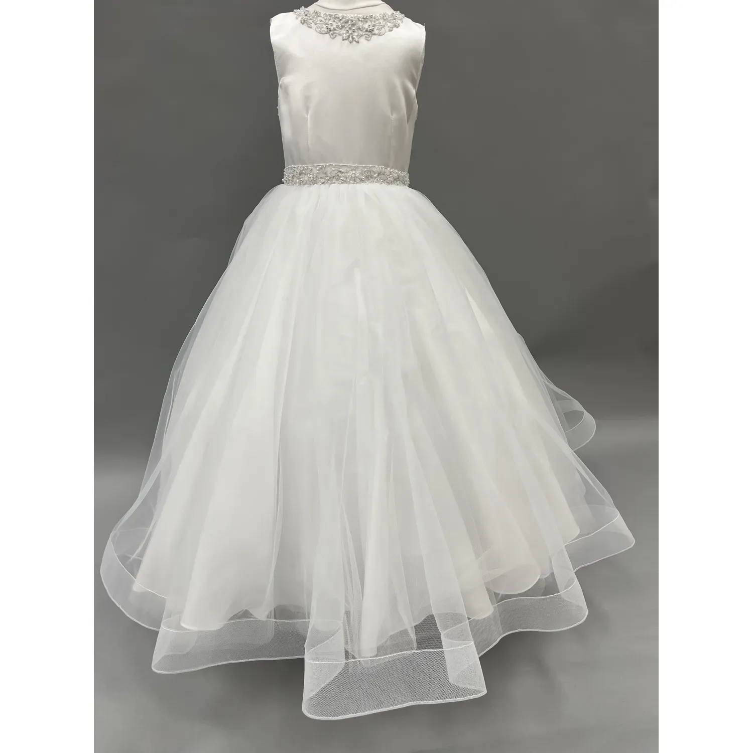 GOWN WHITE SATIN BODICE TULLE SKIRT BEADED WAISTBAND & NECKLINE / FG1906