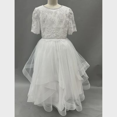 GOWN WHITE LACE BODICE 1 / 4 SLEEVE LAYERED TULLE SKIRT / FG2102H
