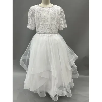 GOWN WHITE LACE BODICE 1 / 4 SLEEVE LAYERED TULLE SKIRT / FG2102H