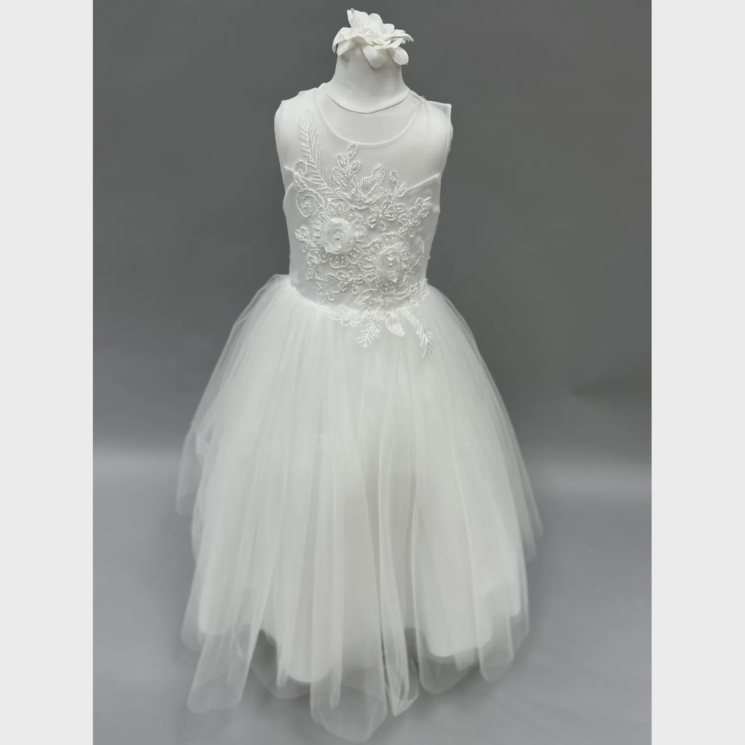 DD DRESS OFF WHITE EMBROIDERED PEARL BODICE TULLE SKIRT / 2074