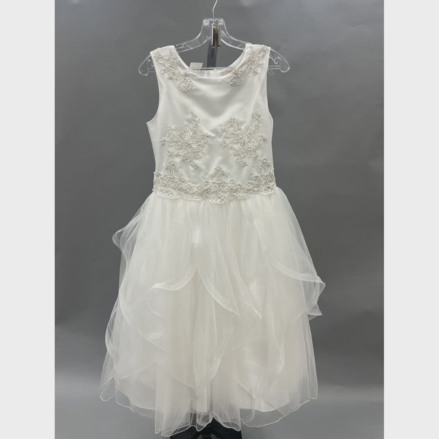 DD DRESS OFF WHITE SILVER & PEARL BODICE EMBROIDERED LAYER TULLE SKIRT / 1950