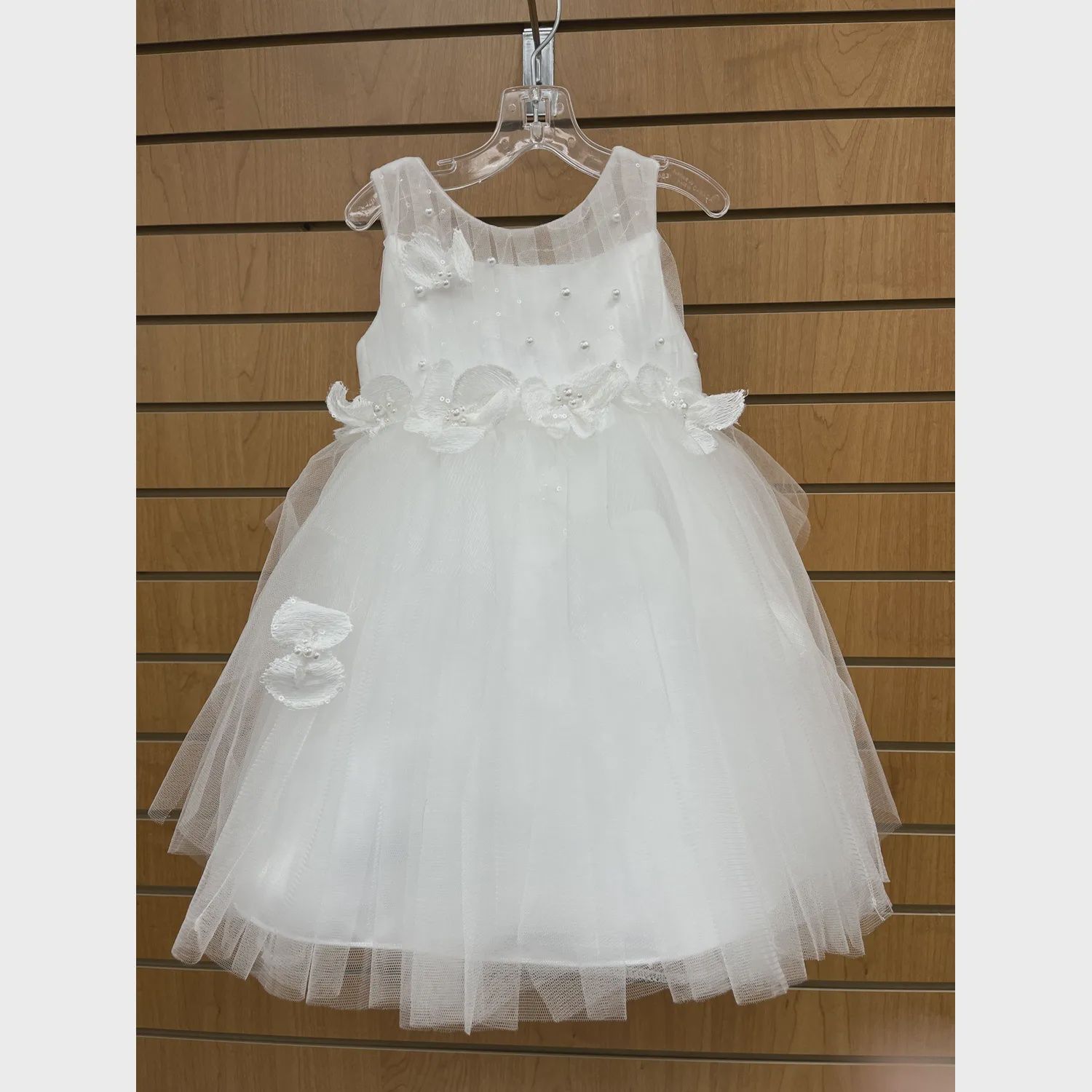 DDD DRESS OFF WHITE TULLE PLEATED BODICE WAIST FLOWER TRIM WITH PEARLS / 1061