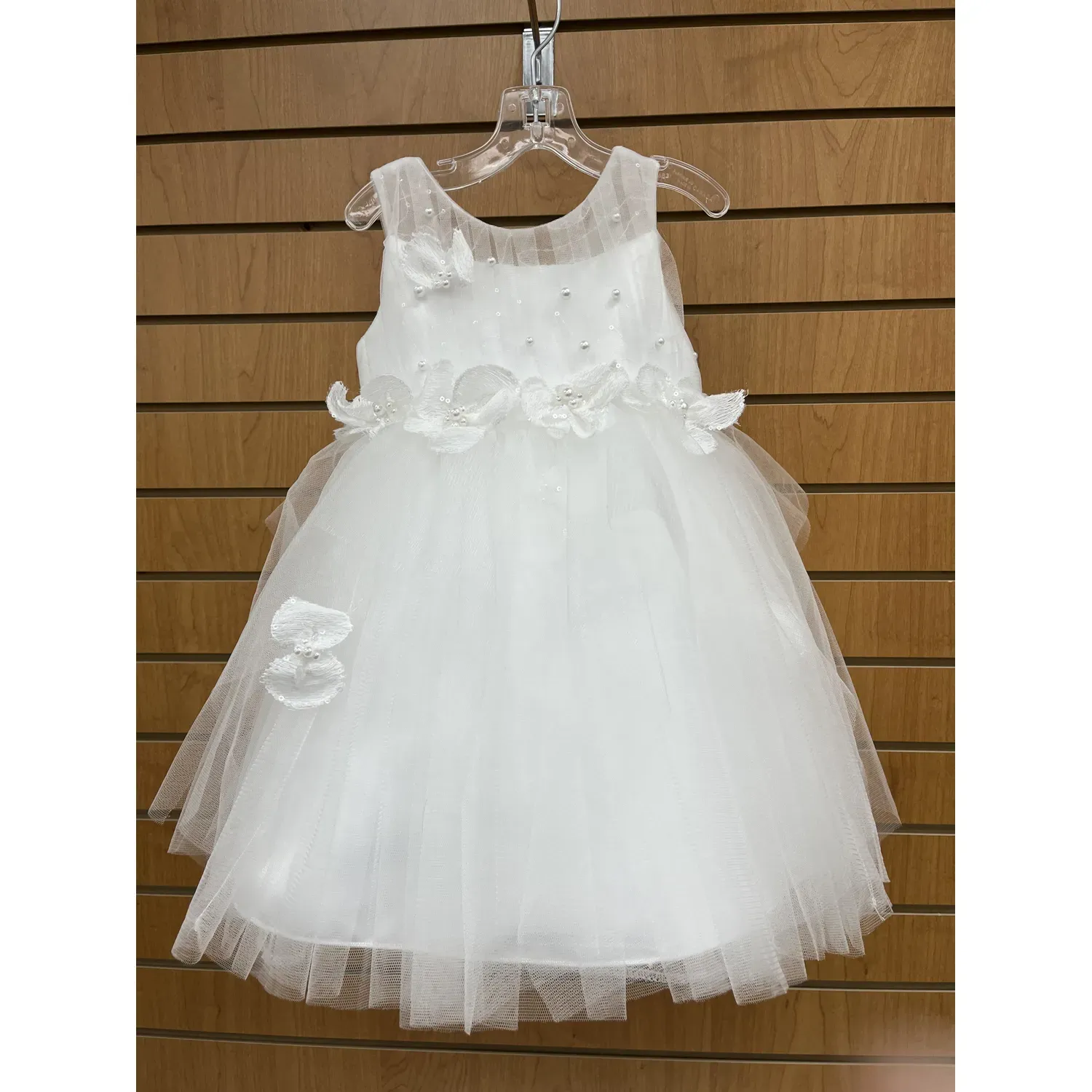 DDD DRESS OFF WHITE TULLE PLEATED BODICE WAIST FLOWER TRIM WITH PEARLS / 1061