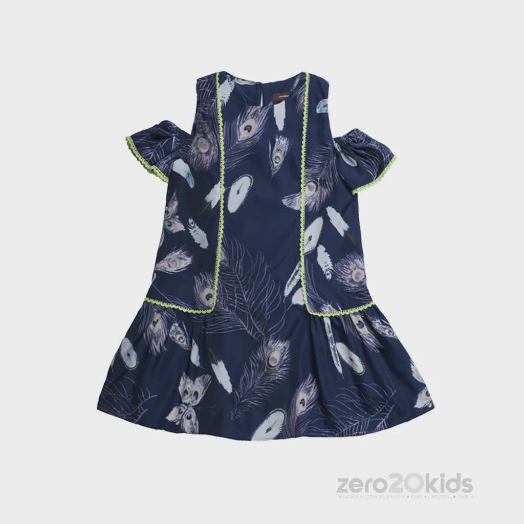 DRESS NAVY FEATHER PRNT GRN