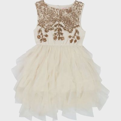 DRESS U12462 GOLD SEQU&TUL L