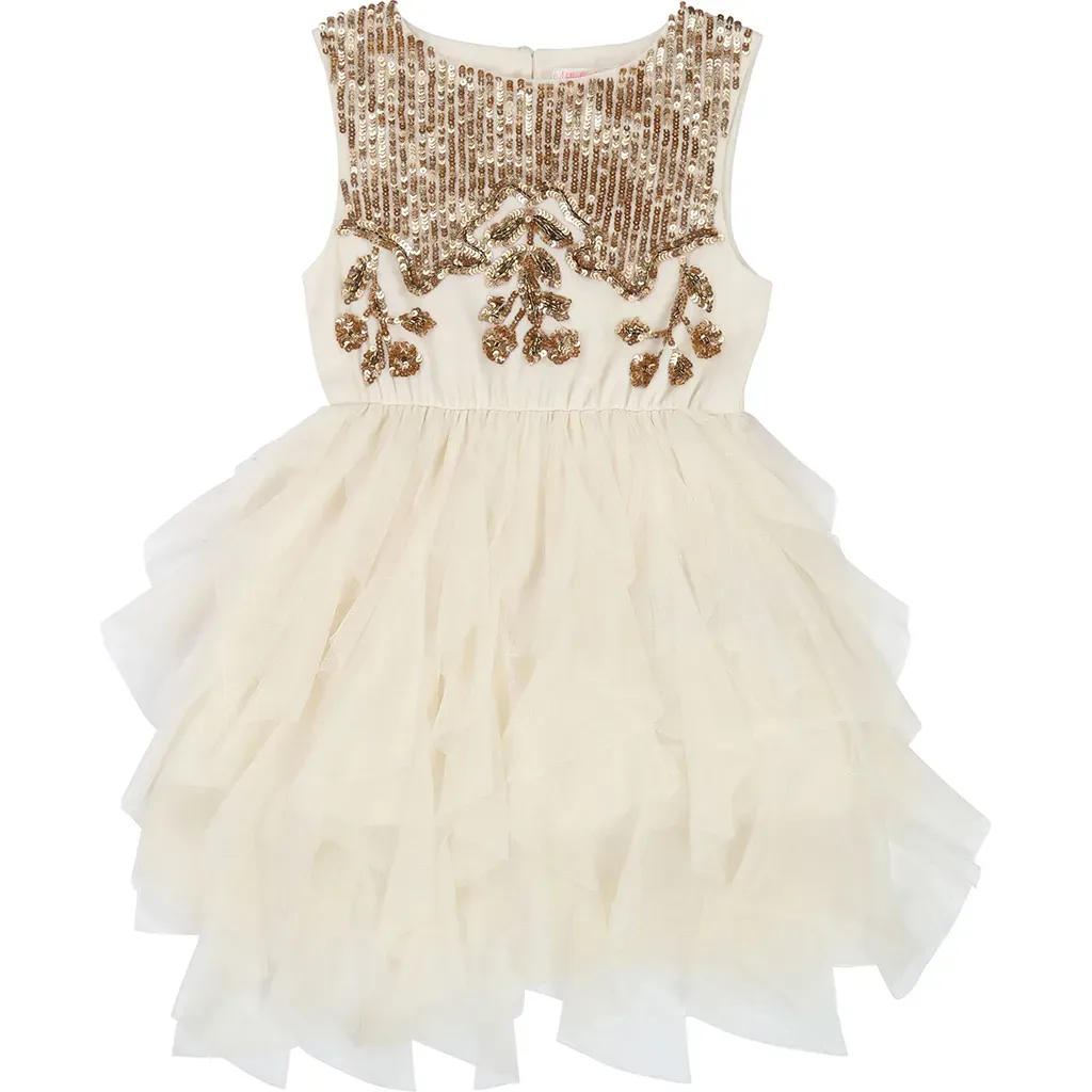 DRESS U12462 GOLD SEQU&TUL L