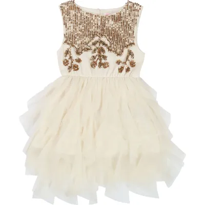 DRESS U12462 GOLD SEQU&TUL L