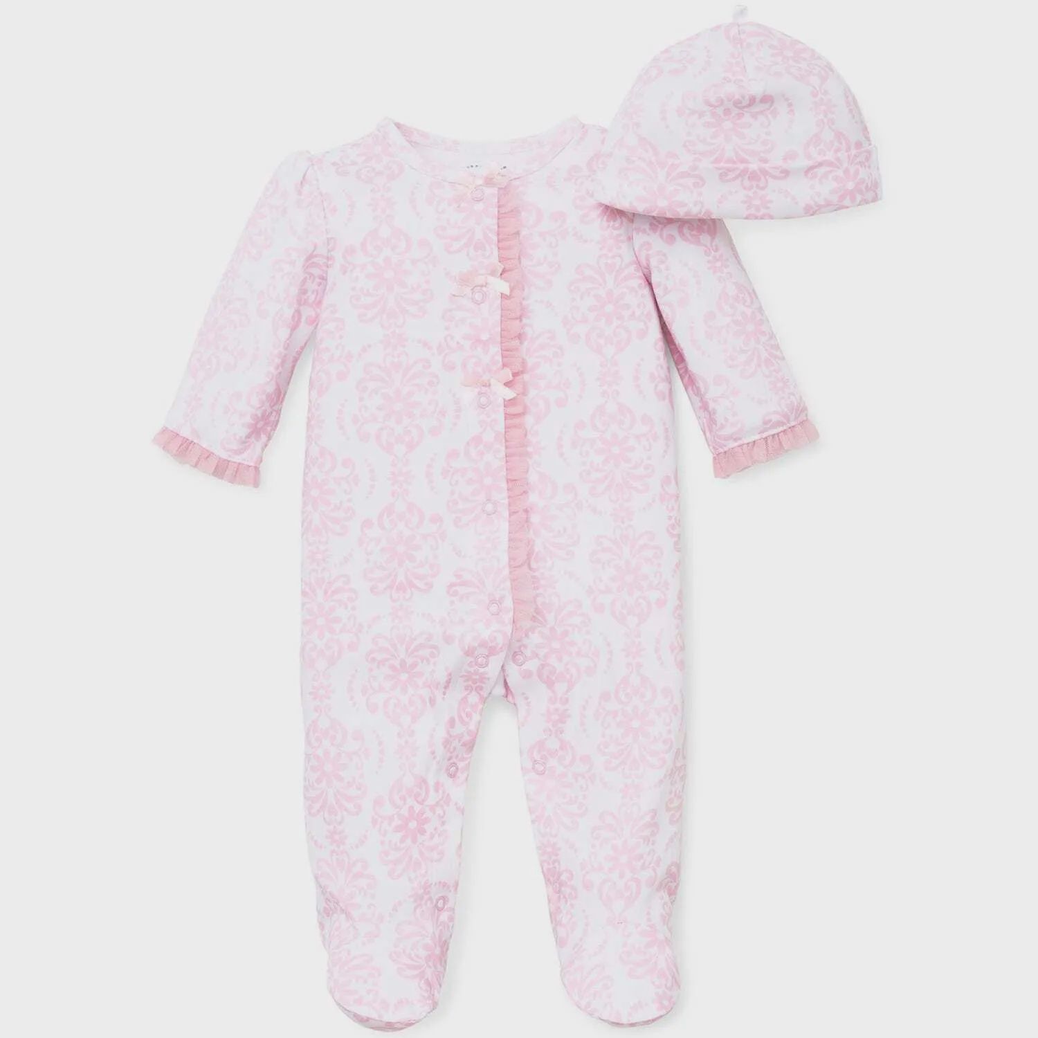 2 PC SLEEPER & HAT WHITE & PINK DAMASK SCROLL PRINT TULLE TRIM / 3515N