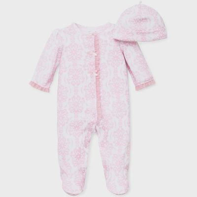 2 PC SLEEPER & HAT WHITE & PINK DAMASK SCROLL PRINT TULLE TRIM / 3515N