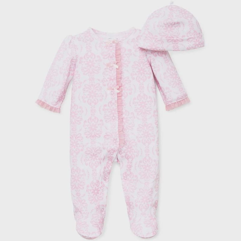 2 PC SLEEPER & HAT WHITE & PINK DAMASK SCROLL PRINT TULLE TRIM / 3515N