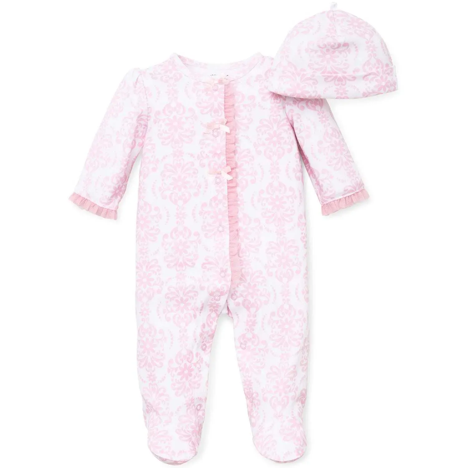 2 PC SLEEPER & HAT WHITE & PINK DAMASK SCROLL PRINT TULLE TRIM / 3515N
