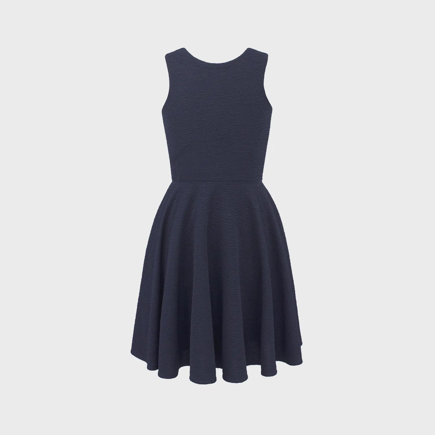 DRESS NAVY RHINESTONE BACK BUTTON CLOSURE & BELT FLARED SKIRT / 4111A