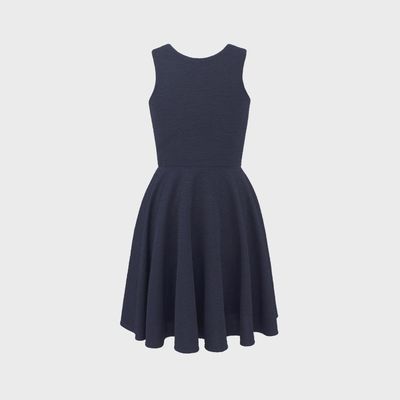 DRESS NAVY RHINESTONE BACK BUTTON CLOSURE & BELT FLARED SKIRT / 4111A