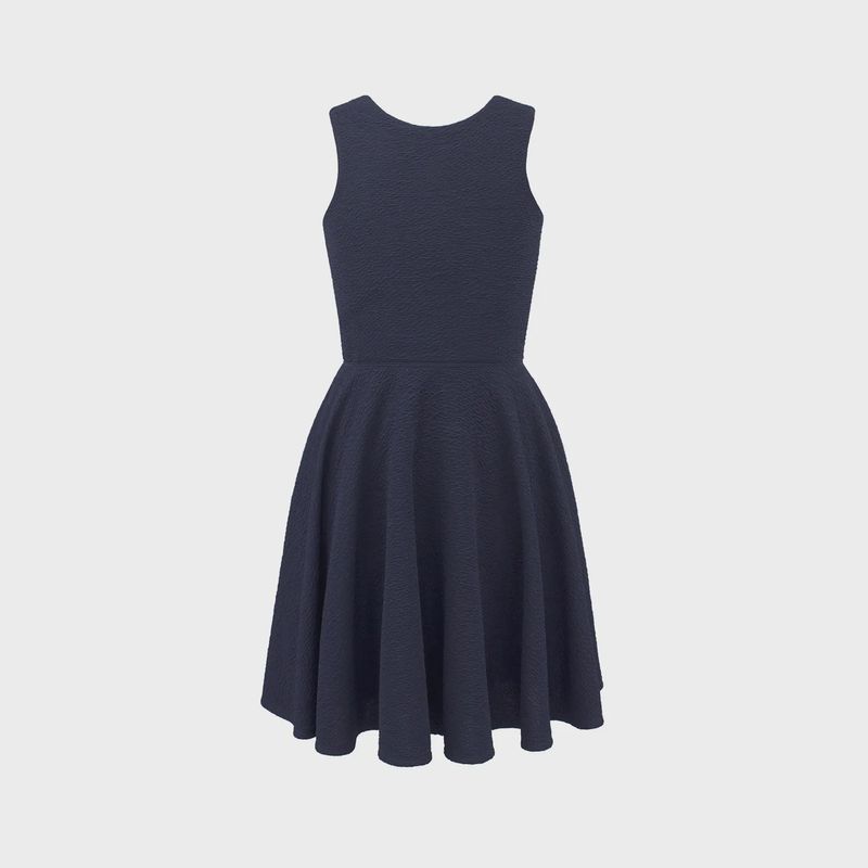 DRESS NAVY RHINESTONE BACK BUTTON CLOSURE & BELT FLARED SKIRT / 4111A DRESS NAVY RHINESTONE BACK BUTTON CLOSURE & BELT FLARED SKIRT / 4111A