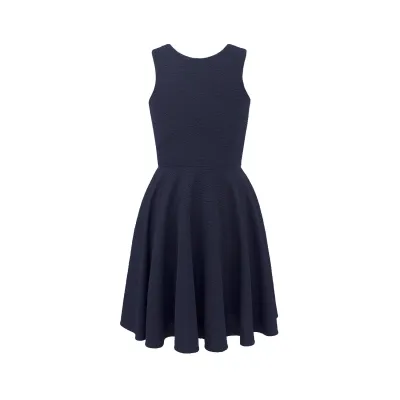 DRESS NAVY RHINESTONE BACK BUTTON CLOSURE & BELT FLARED SKIRT / 4111A