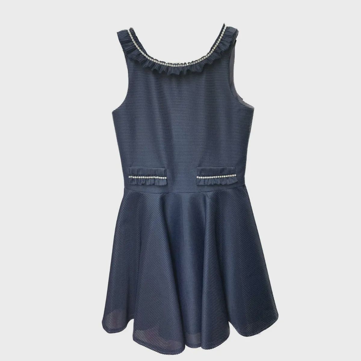 DRESS NAVY RUFFLE TRIM NECKLINE BACK & IMITATION POCKET / 4137A