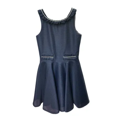 DRESS NAVY RUFFLE TRIM NECKLINE BACK & IMITATION POCKET / 4137A