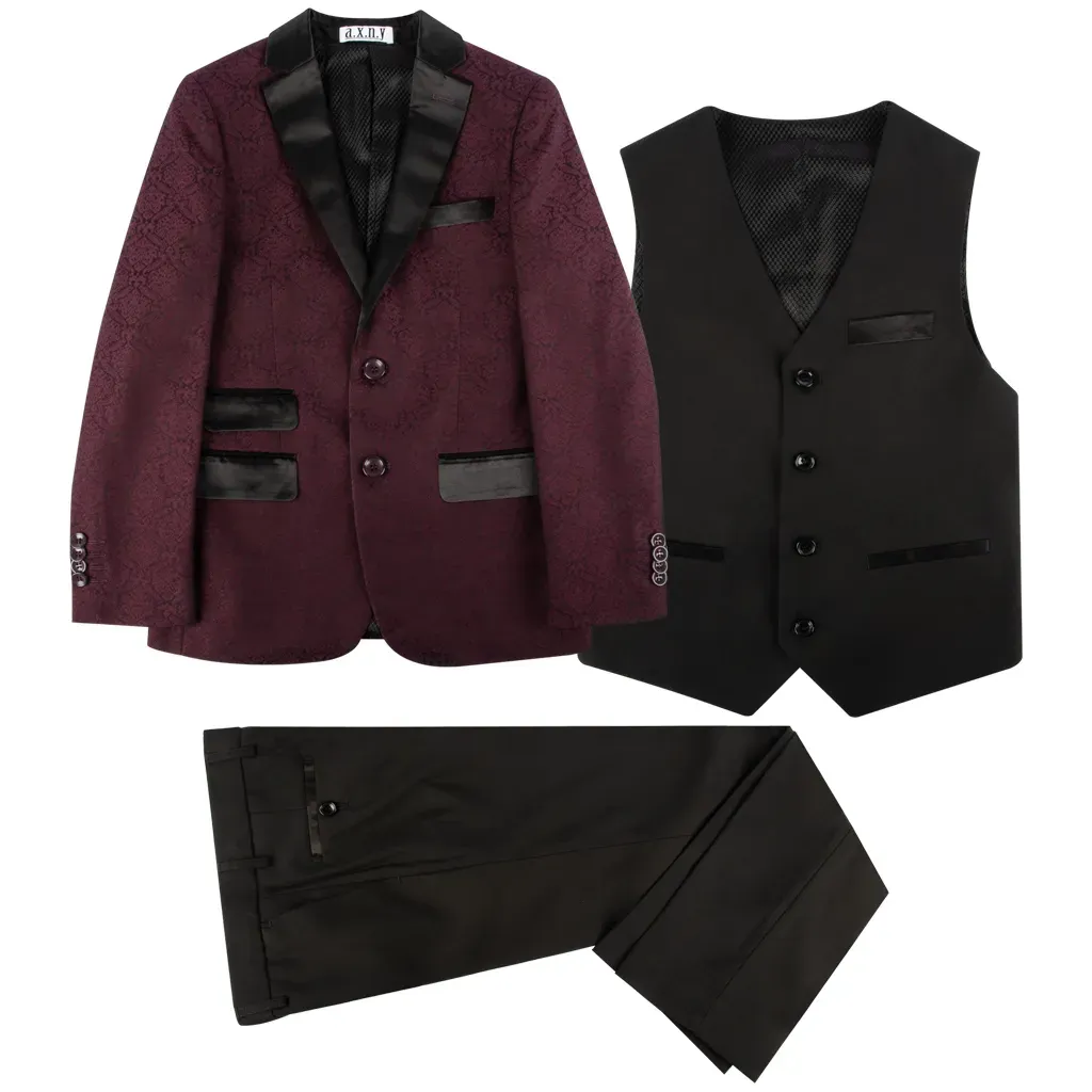 SUIT BURGUNDY BLACK LAPELS VE