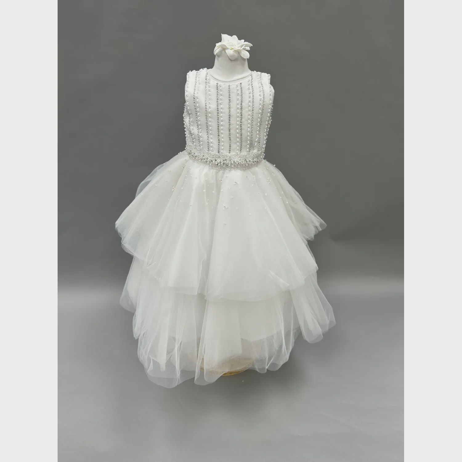 DRESS WHITE BEADED BODICE TULLE SKIRTS SEQUINS & PEARLS DD