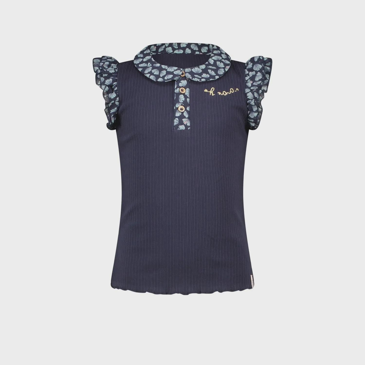 RIBBED TSHIRT NAVY WOVEN COLLAR & CAP SLEEVE PRINTED / N2125404