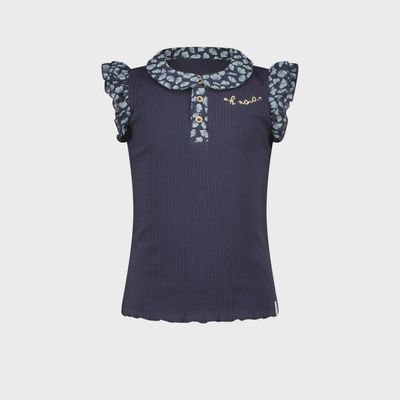 RIBBED TSHIRT NAVY WOVEN COLLAR & CAP SLEEVE PRINTED / N2125404