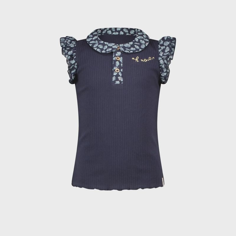RIBBED TSHIRT NAVY WOVEN COLLAR & CAP SLEEVE PRINTED / N2125404