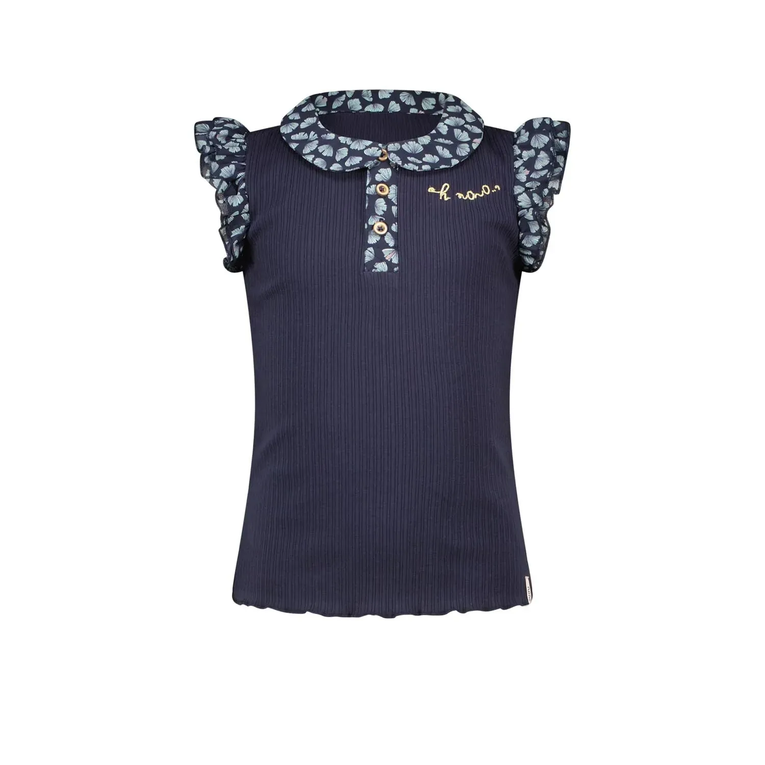 RIBBED TSHIRT NAVY WOVEN COLLAR & CAP SLEEVE PRINTED / N2125404