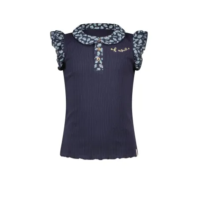 RIBBED TSHIRT NAVY WOVEN COLLAR & CAP SLEEVE PRINTED / N2125404