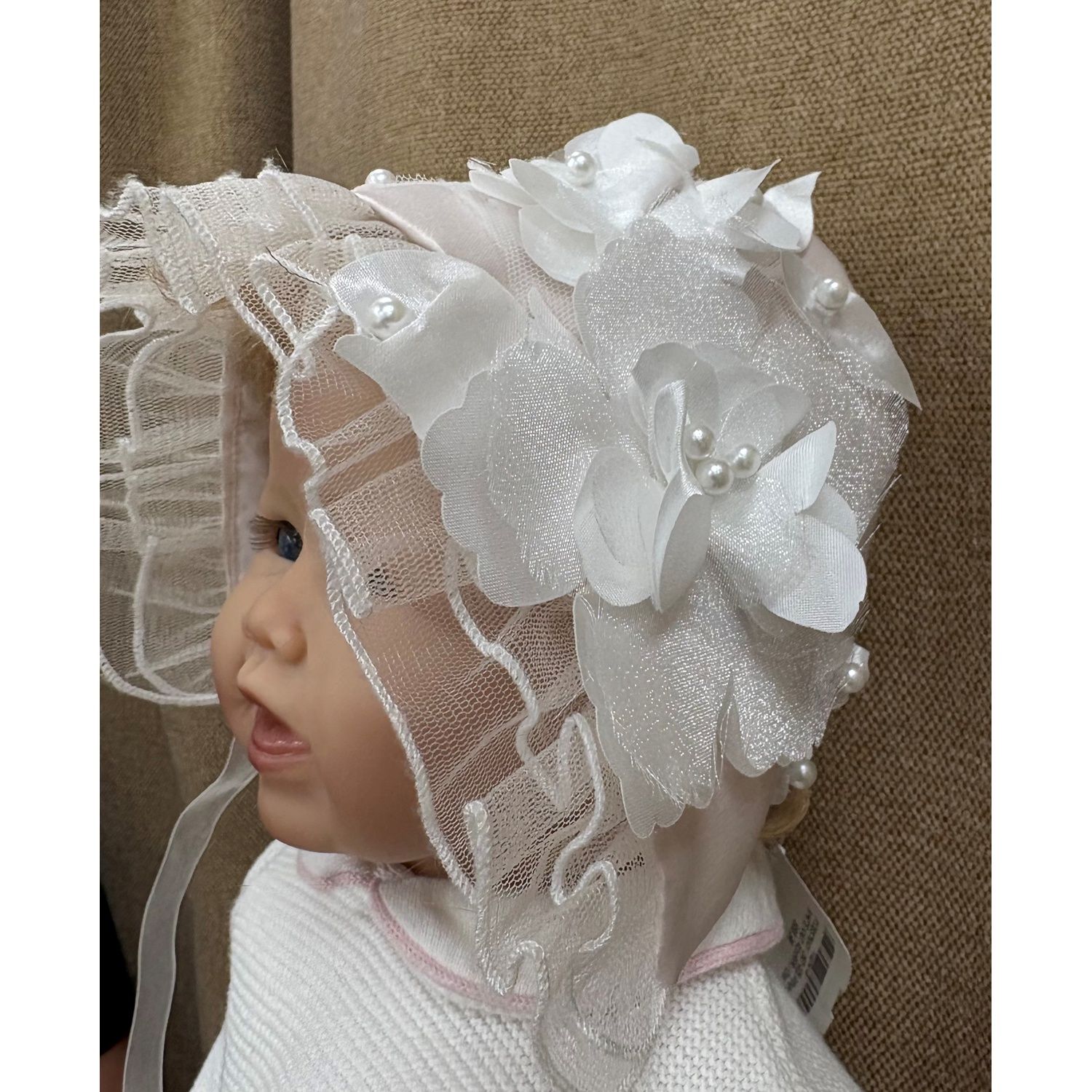 BONNET WHITE OR ROSE EMBRODIERED LACE PEARLS & FLOWER / SATIN